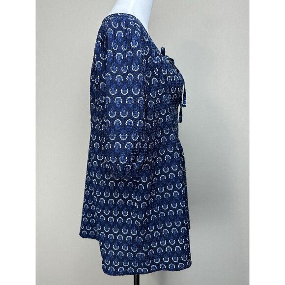 LOFT Blue Floral Puff Sleeve Tie Neck Top Women’s XL Relaxed Fit Stretch - Picture 3 of 10